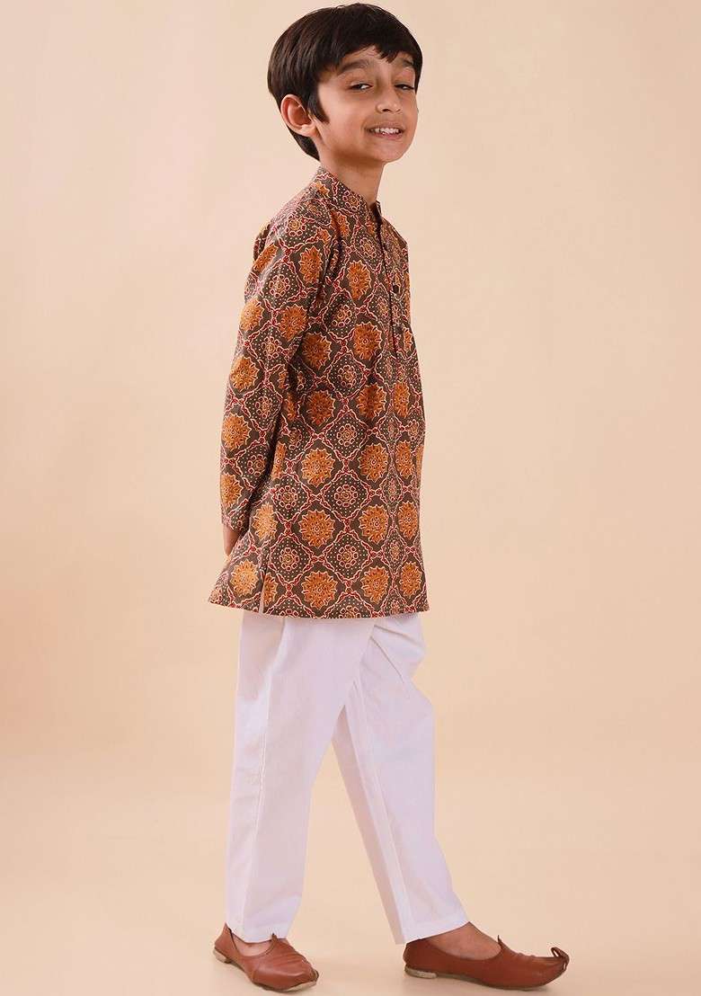 Grey Printed Cotton Kurta Set For Boys - Indya