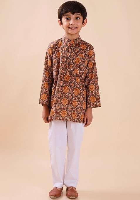 Grey Printed Cotton Kurta Set For Boys