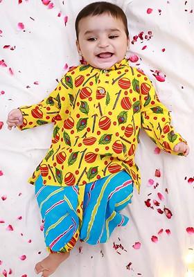 Yellow Printed Cotton Kurta Dhoti Set For Boys
