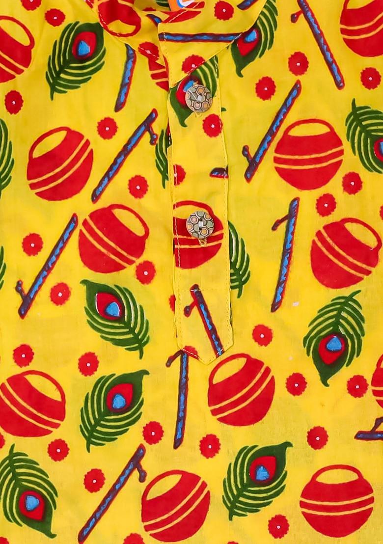 Yellow Printed Cotton Kurta Dhoti Set For Boys - Indya