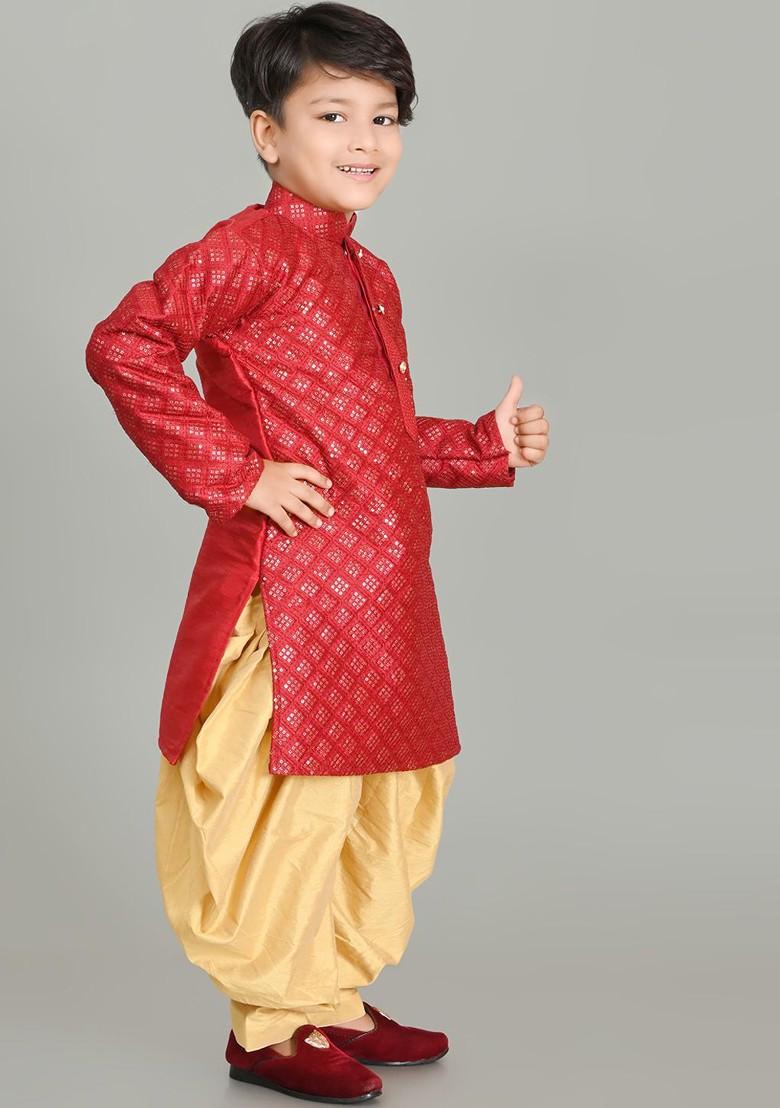 Maroon Embroidered Silk Kurta Set For Boys - Indya