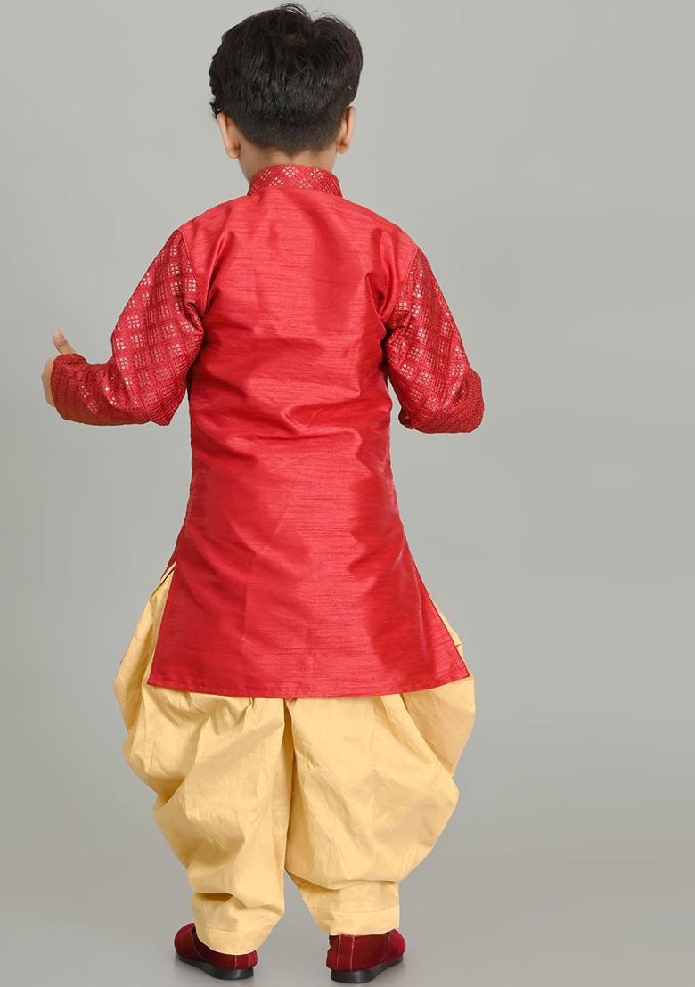 Maroon Embroidered Silk Kurta Set For Boys - Indya