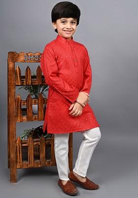 Red Embroidered Blended Kurta Set For Boys