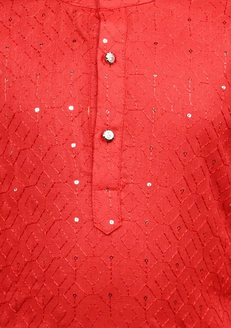 Red Embroidered Blended Kurta Set For Boys - Indya