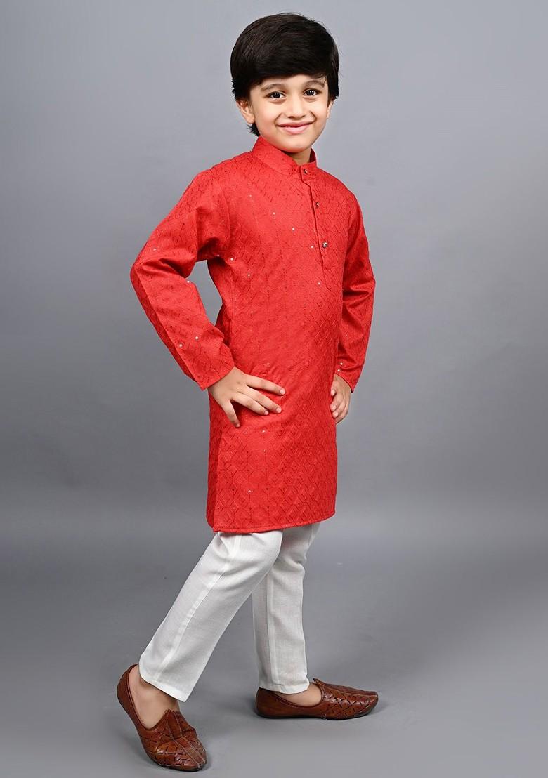 Red Embroidered Blended Kurta Set For Boys - Indya
