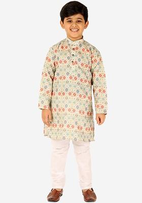 Lime Green Printed Blended Kurta Set For Boys