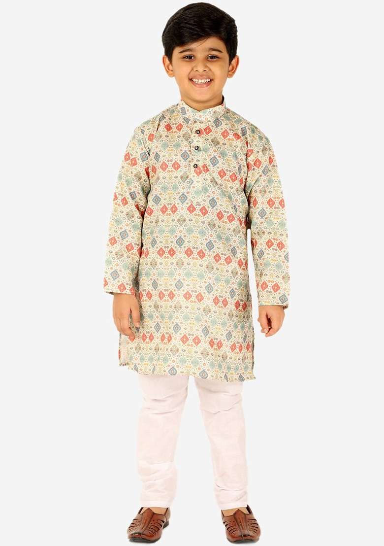 Lime Green Printed Blended Kurta Set For Boys - Indya