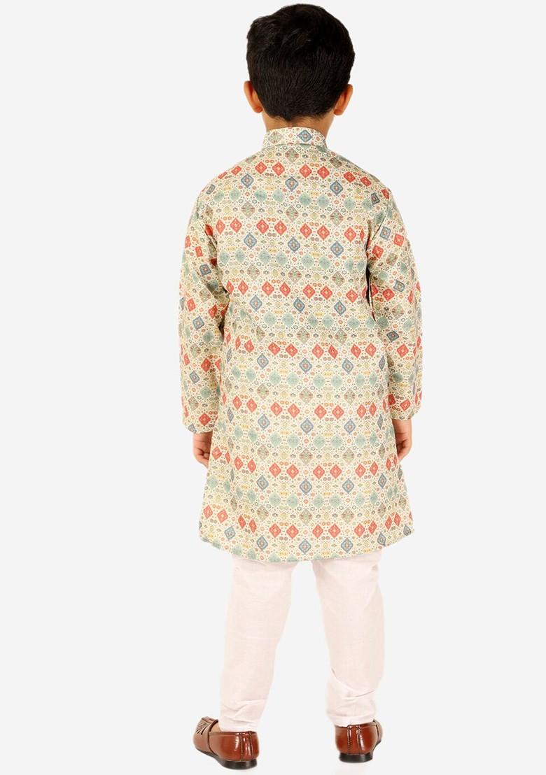 Lime Green Printed Blended Kurta Set For Boys - Indya