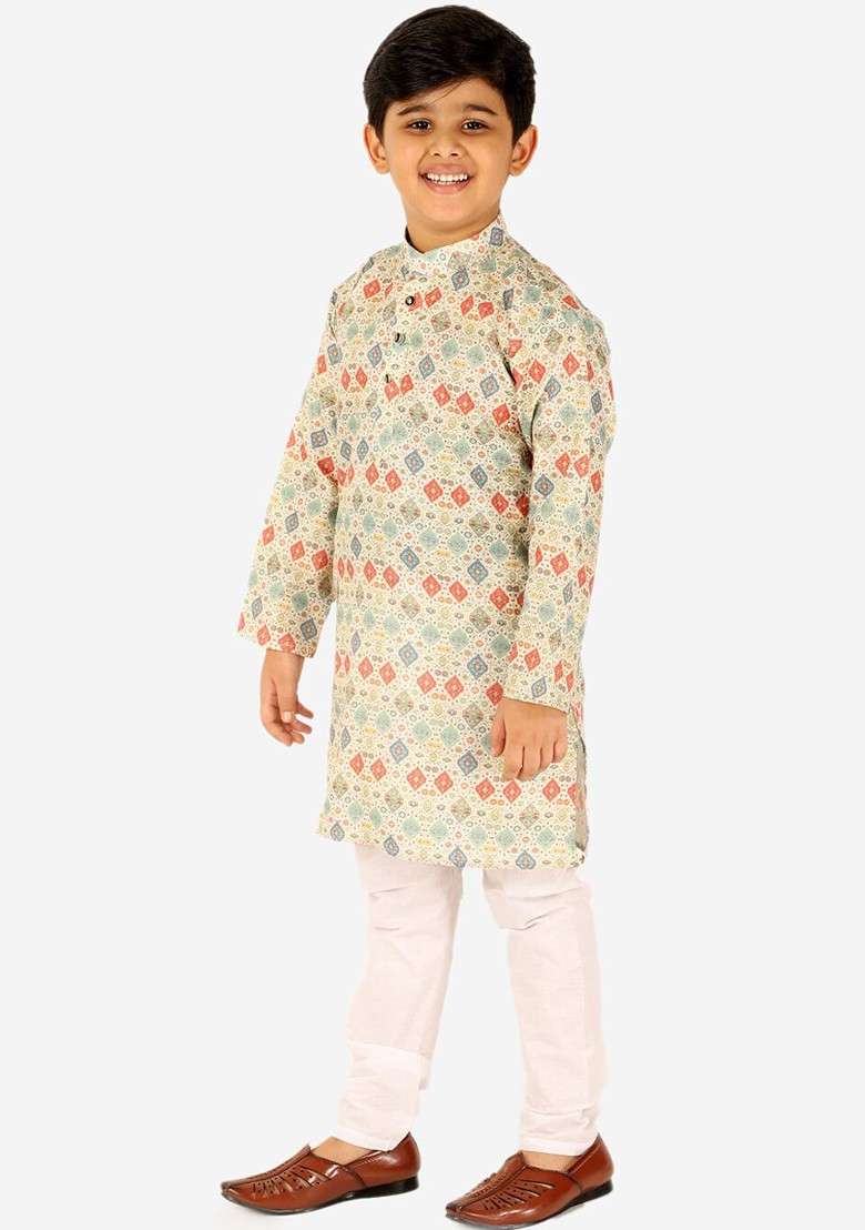 Lime Green Printed Blended Kurta Set For Boys - Indya