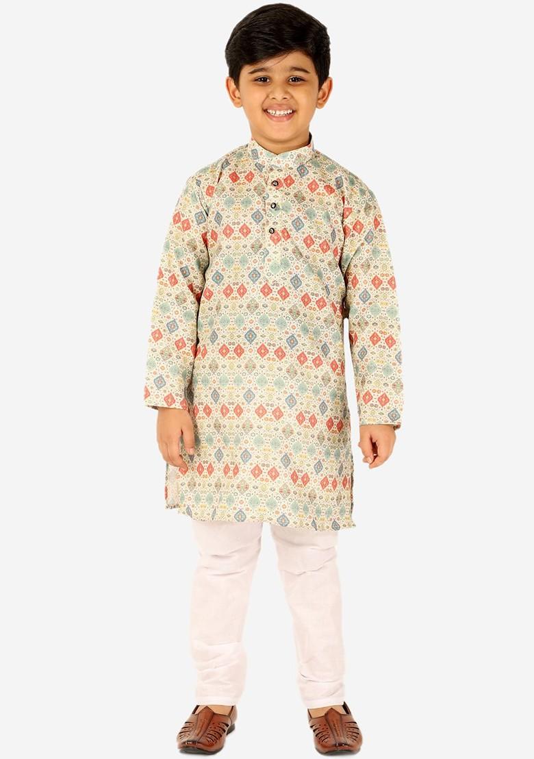 Lime Green Printed Blended Kurta Set For Boys - Indya