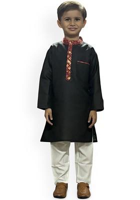 Black Embroidered Cotton Kurta Set For Boys