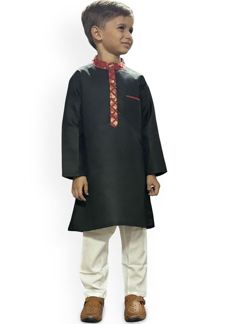 Black Embroidered Cotton Kurta Set For Boys - Indya