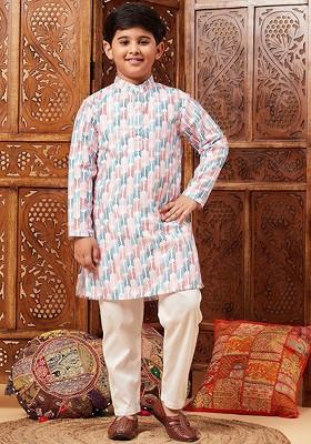 White Printed Blended Kurta Set For Boys