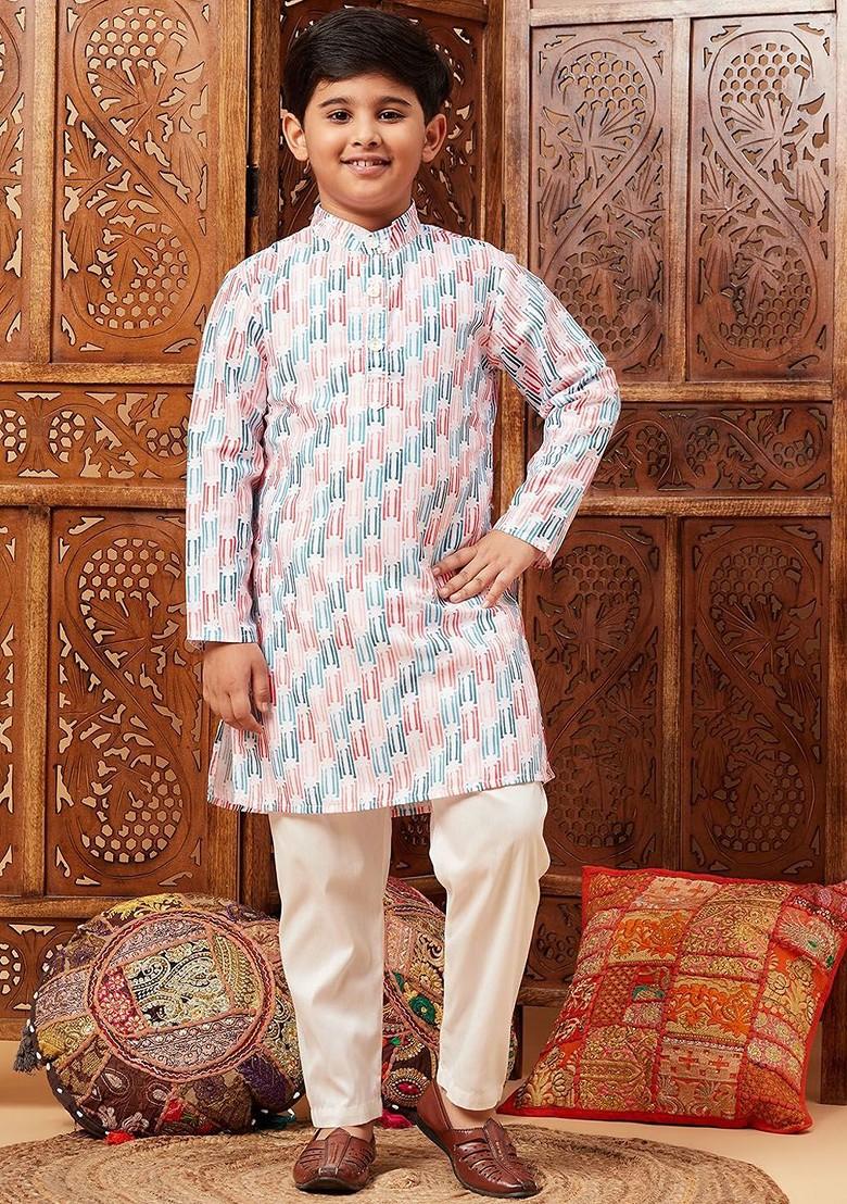 White Printed Blended Kurta Set For Boys - Indya