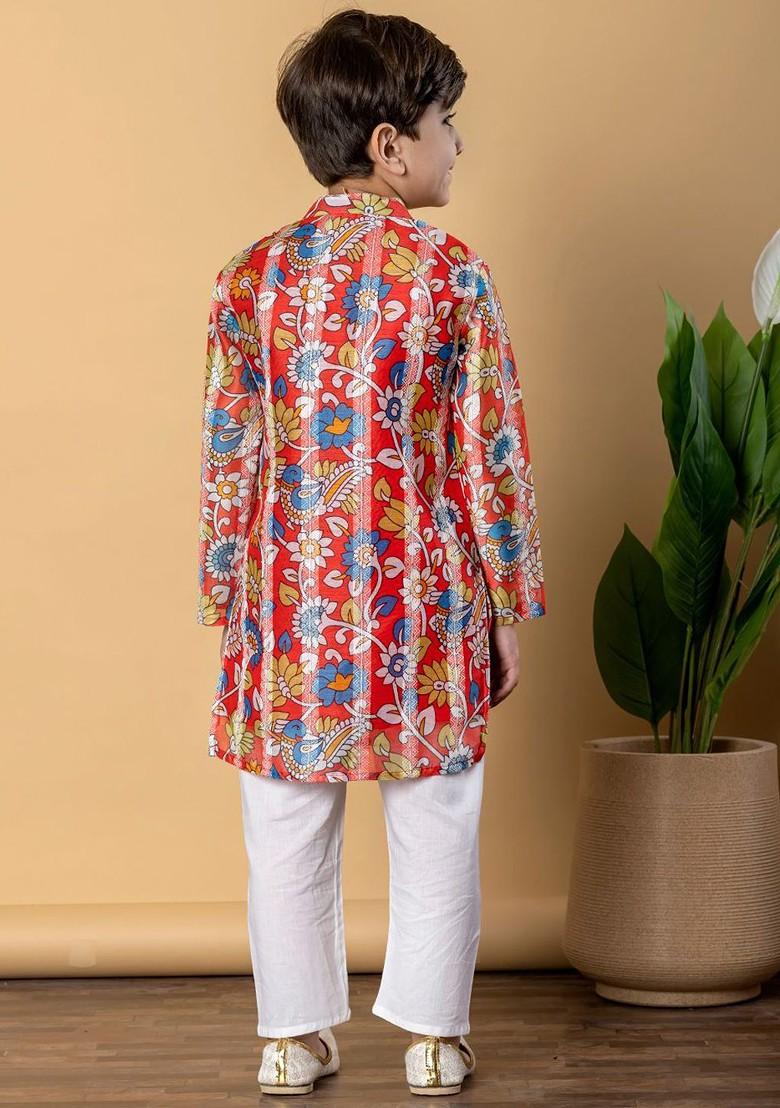 Red Printed Silk Kurta Set For Boys - Indya