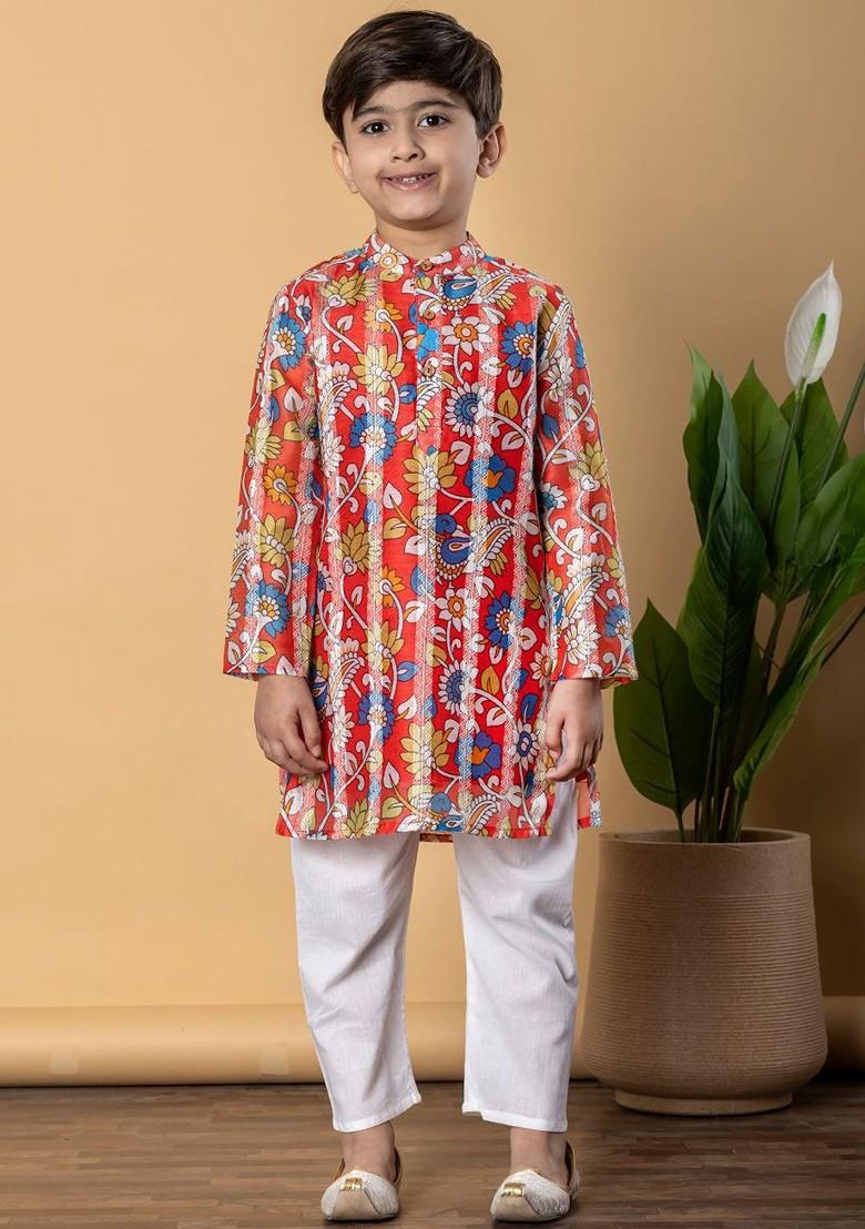 Red Printed Silk Kurta Set For Boys - Indya