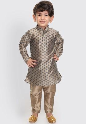 Beige Printed Blended Kurta Set For Boys