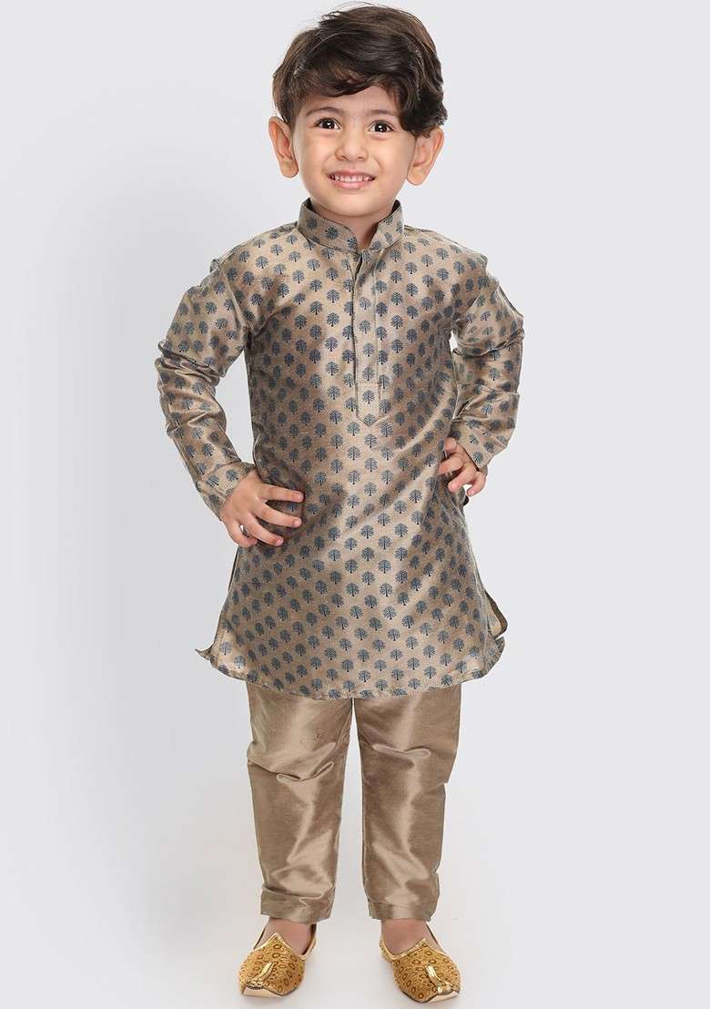Beige Printed Blended Kurta Set For Boys - Indya