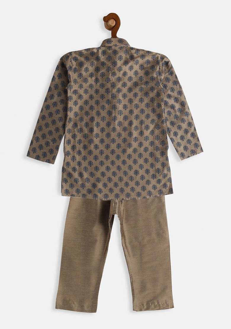 Beige Printed Blended Kurta Set For Boys - Indya