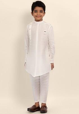 White Embroidered Silk Kurta Set For Boys