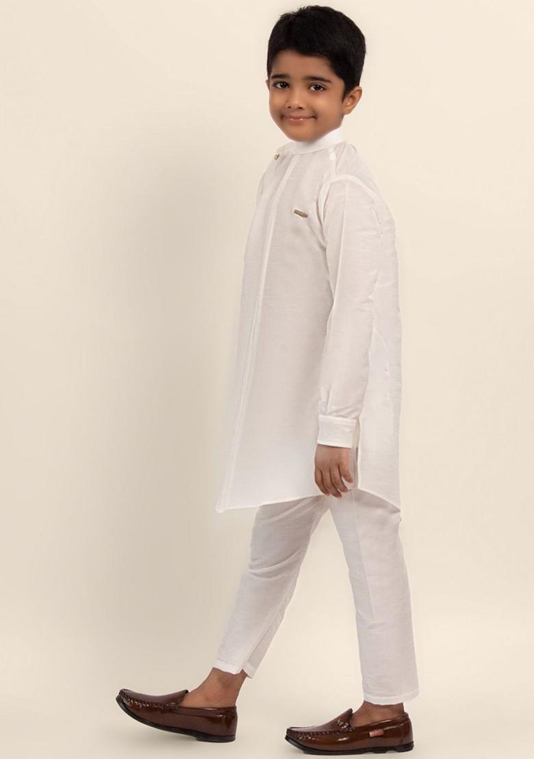White Embroidered Silk Kurta Set For Boys - Indya