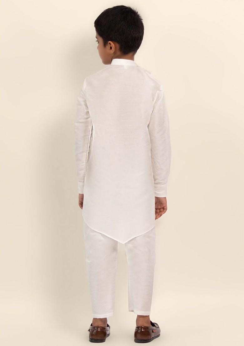 White Embroidered Silk Kurta Set For Boys - Indya