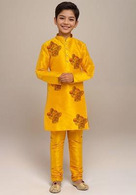 Yellow Printed Silk Kurta Set For Boys