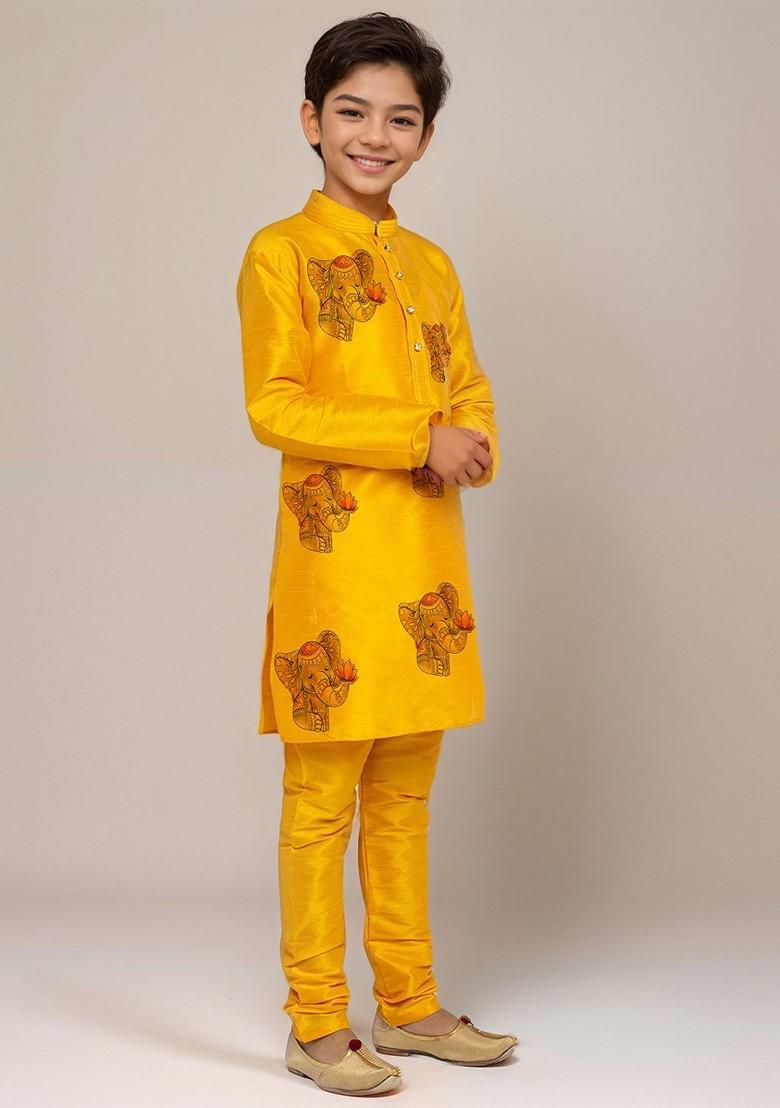 Yellow Printed Silk Kurta Set For Boys - Indya