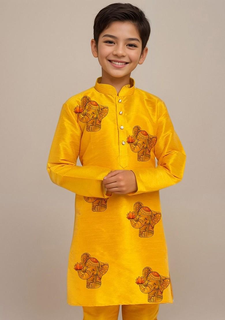 Yellow Printed Silk Kurta Set For Boys - Indya