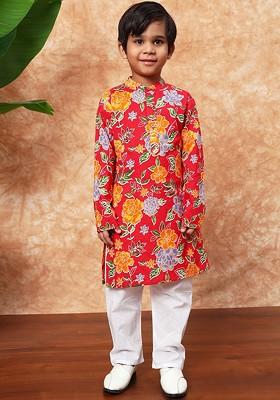 Red Printed Cotton Kurta Set For Boys