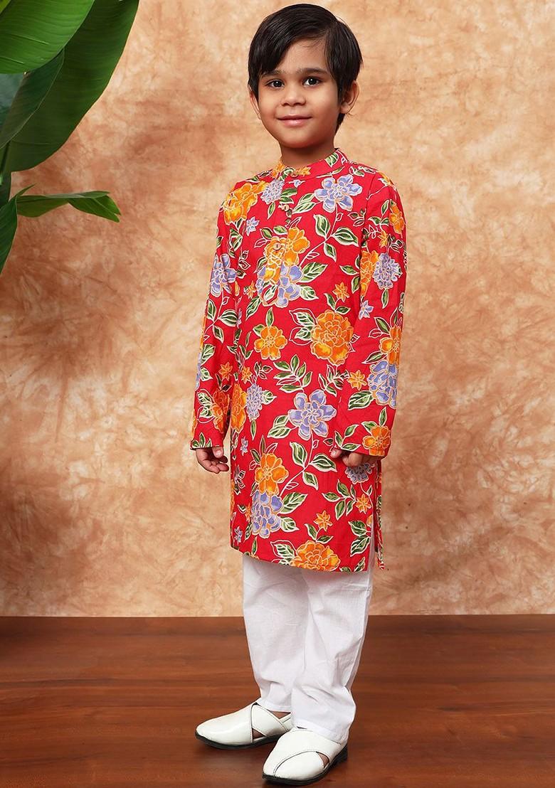 Red Printed Cotton Kurta Set For Boys - Indya