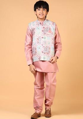 Pink Embroidered Blended Nehru Jacket Set For Boys