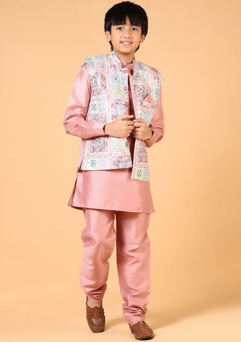 Pink Embroidered Blended Nehru Jacket Set For Boys - Indya
