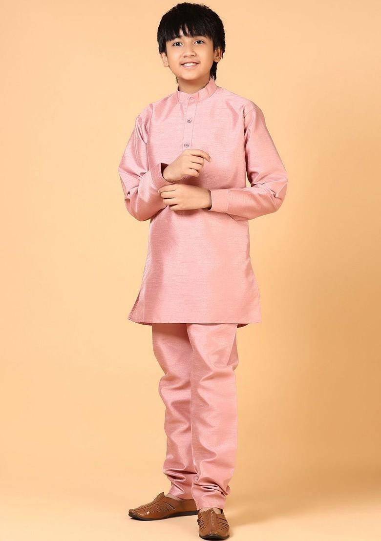Pink Embroidered Blended Nehru Jacket Set For Boys - Indya