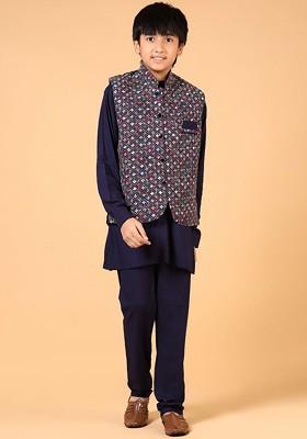 Navy Blue Embroidered Blended Kurta Set For Boys