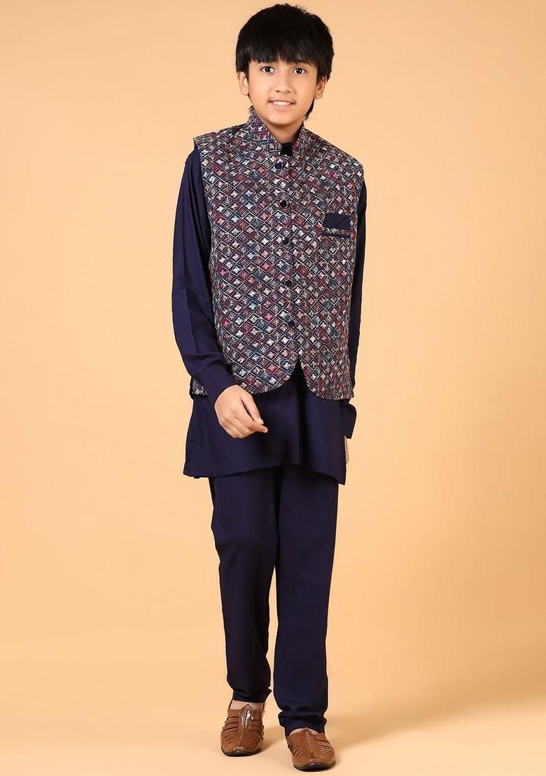 Navy Blue Embroidered Blended Kurta Set For Boys - Indya