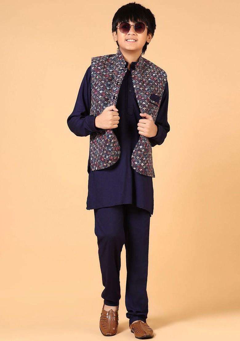 Navy Blue Embroidered Blended Kurta Set For Boys - Indya