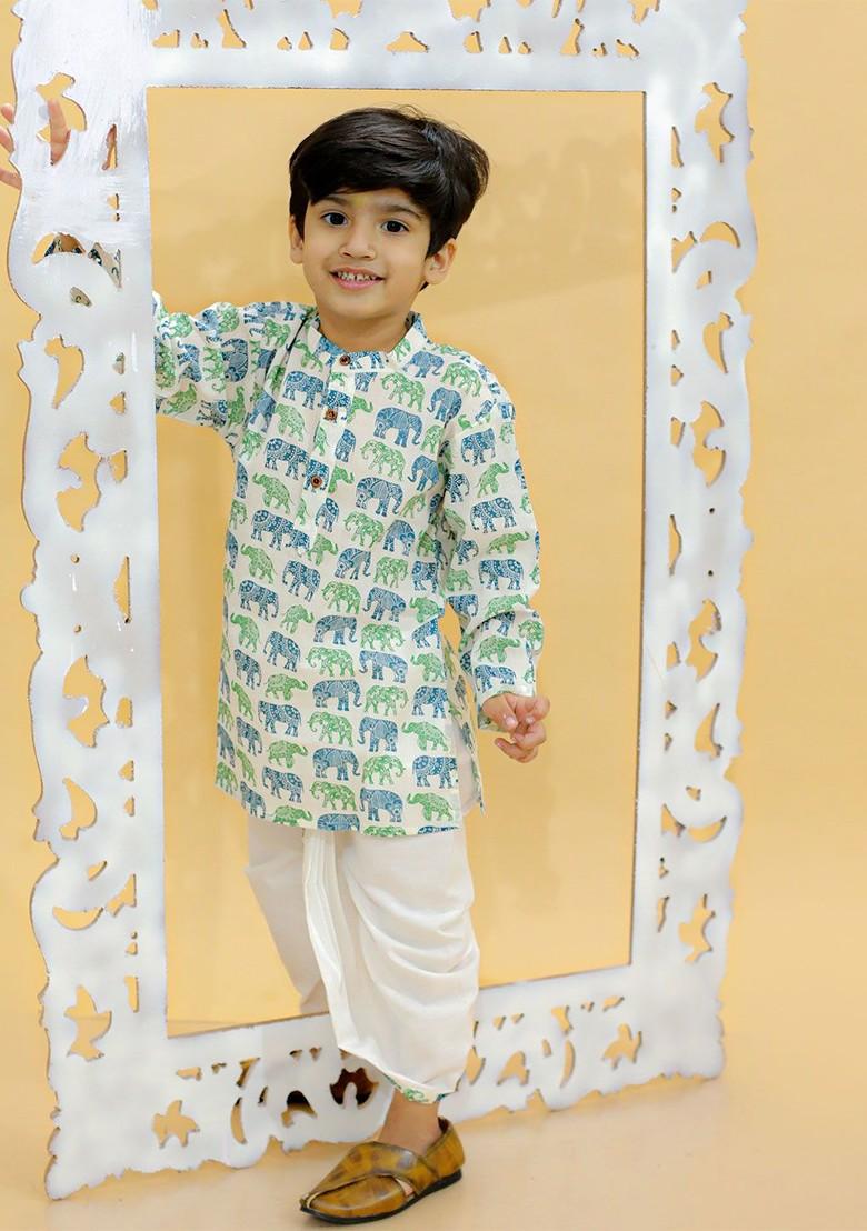 Green Printed Cotton Kurta Dhoti Set For Boys - Indya