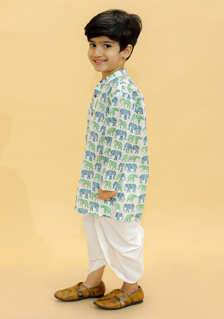 Green Printed Cotton Kurta Dhoti Set For Boys - Indya