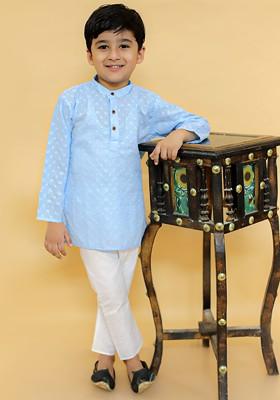 Blue Embroidered Cotton Kurta Dhoti Set For Boys