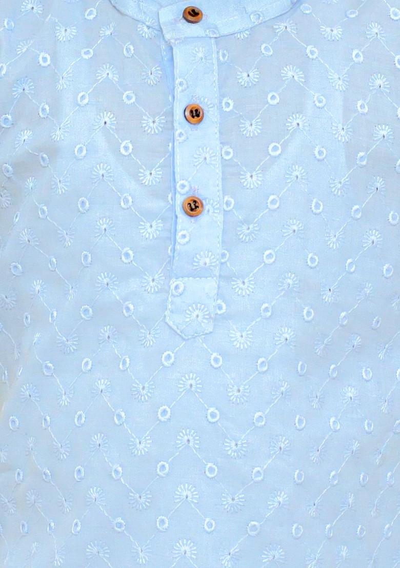 Blue Embroidered Cotton Kurta Dhoti Set For Boys - Indya