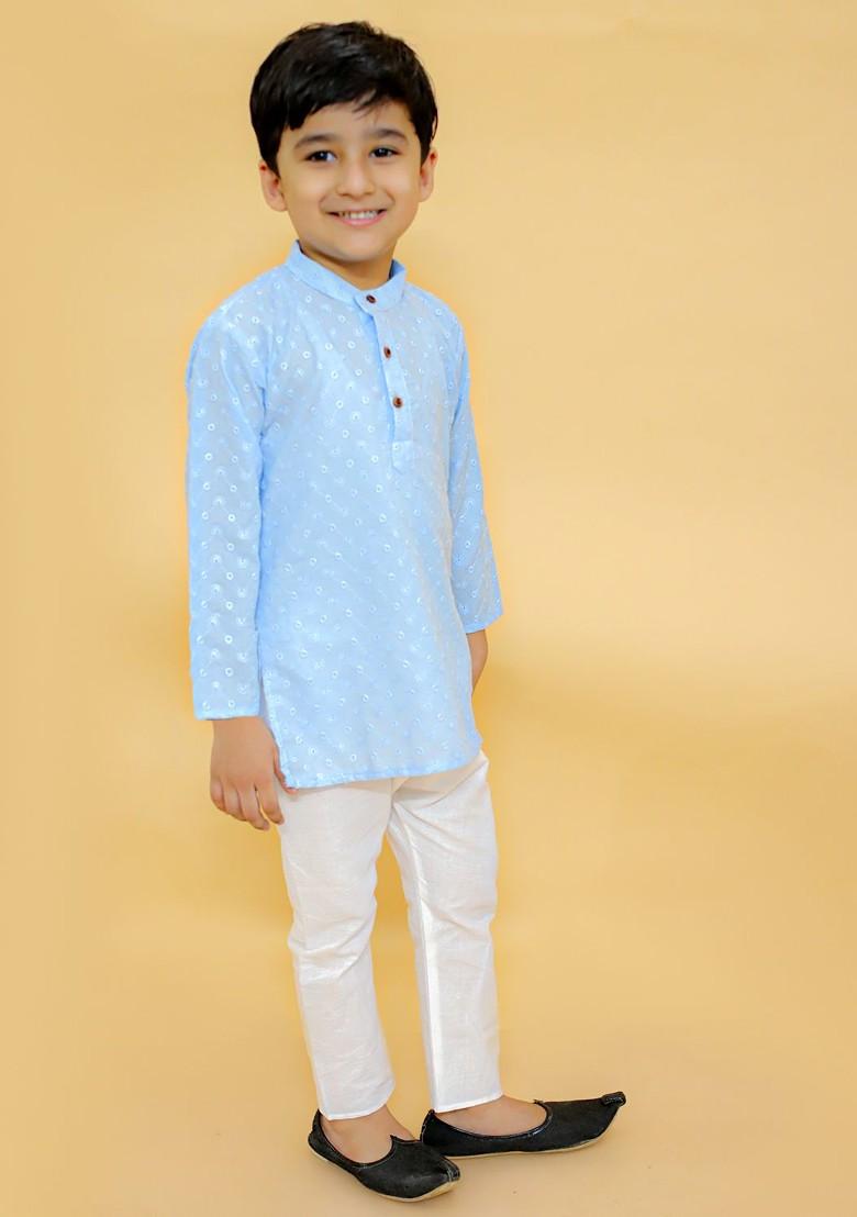 Blue Embroidered Cotton Kurta Dhoti Set For Boys - Indya