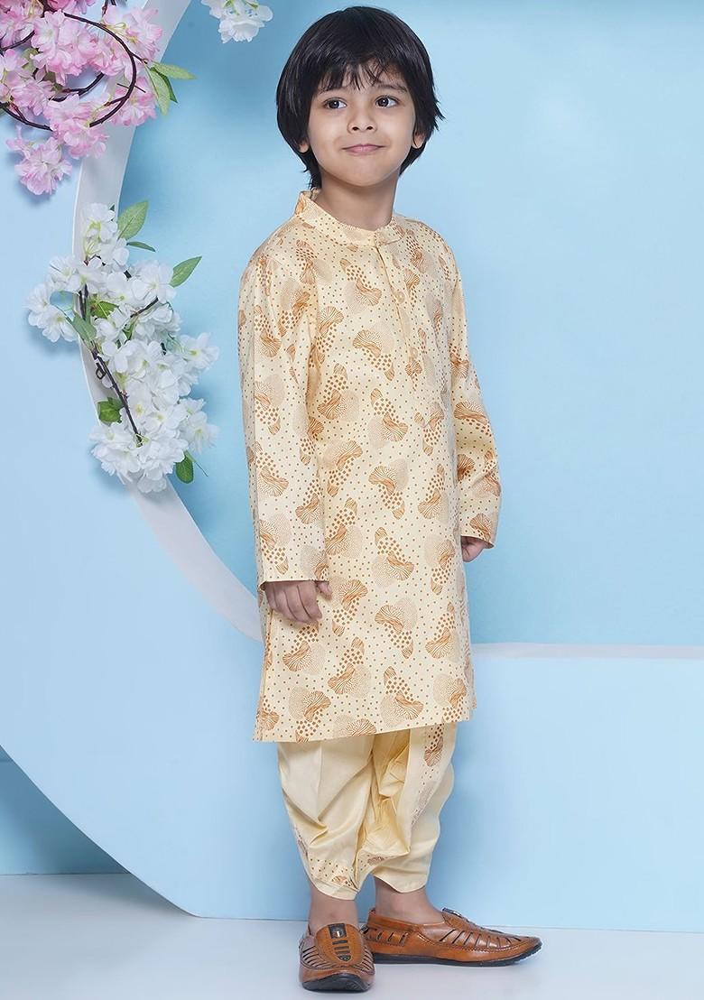 Beige Printed Blended Kurta Dhoti Set For Boys - Indya