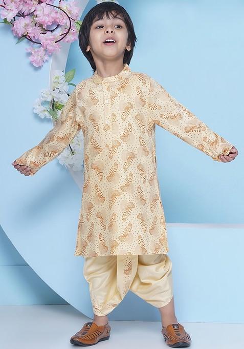 Beige Printed Blended Kurta Dhoti Set For Boys — view on Indya