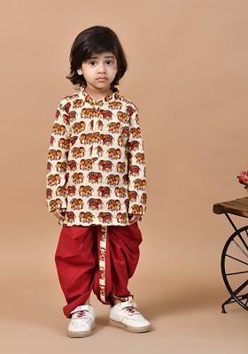 Cream Printed Cotton Kurta Dhoti Set For Boys