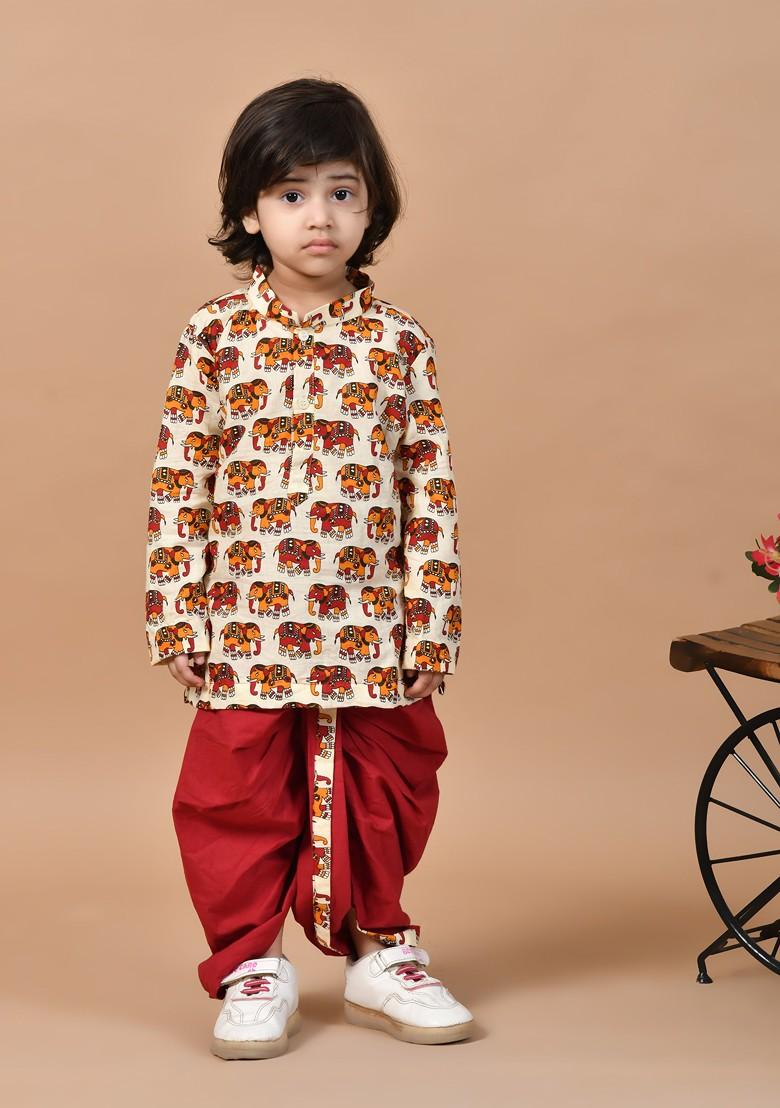 Cream Printed Cotton Kurta Dhoti Set For Boys - Indya