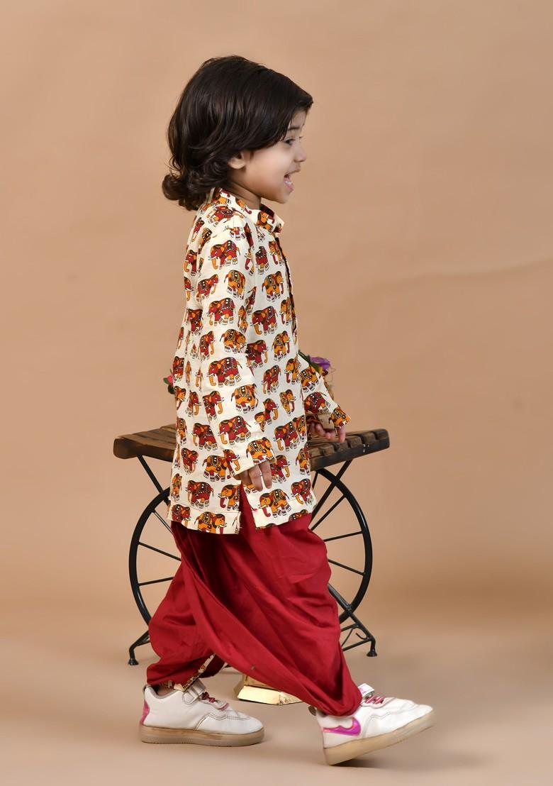 Cream Printed Cotton Kurta Dhoti Set For Boys - Indya