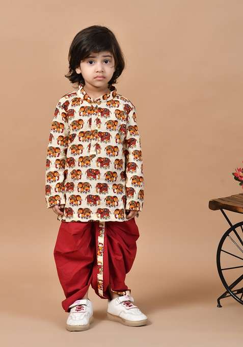 Cream Printed Cotton Kurta Dhoti Set For Boys