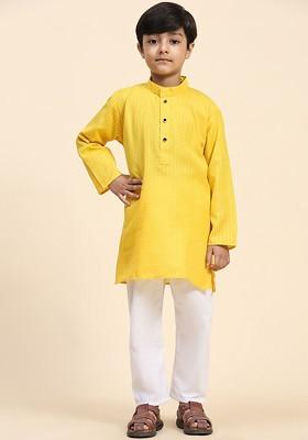 Yellow Woven Design Cotton Kurta Set For Boys