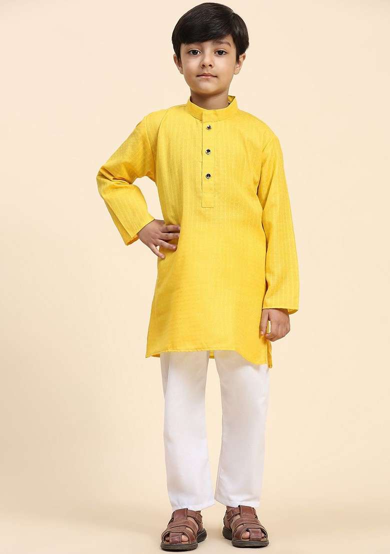 Yellow Woven Design Cotton Kurta Set For Boys - Indya